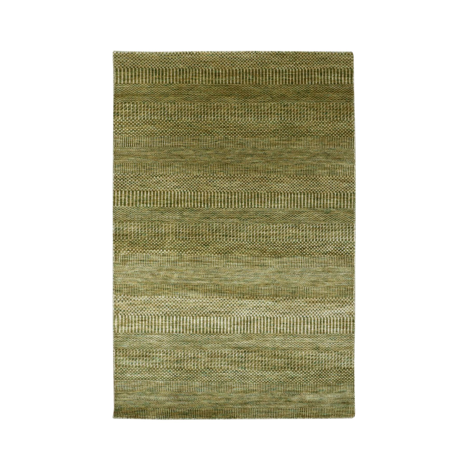 Amber Green, Wool and Silk, Modern Grass Design, Hand Knotted, Soft Pile, Denser Weave, Tone on Tone, Oriental Rug